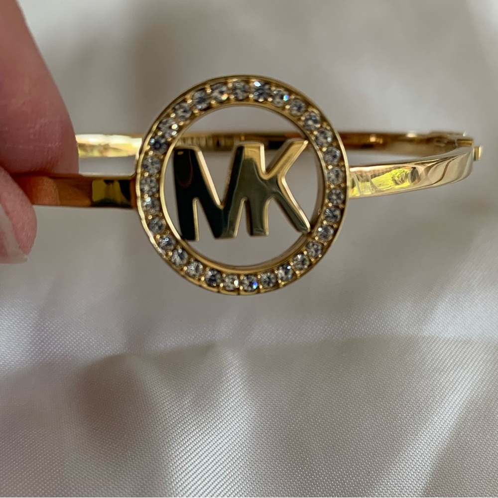 Michael Kors Gold-Tone MK Logo Crystal Bangle Bracelet